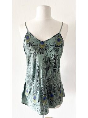 Vintage Silk Y2K Dharma Peacock Feather Print V Neck Cami Blouse Top Size Medium